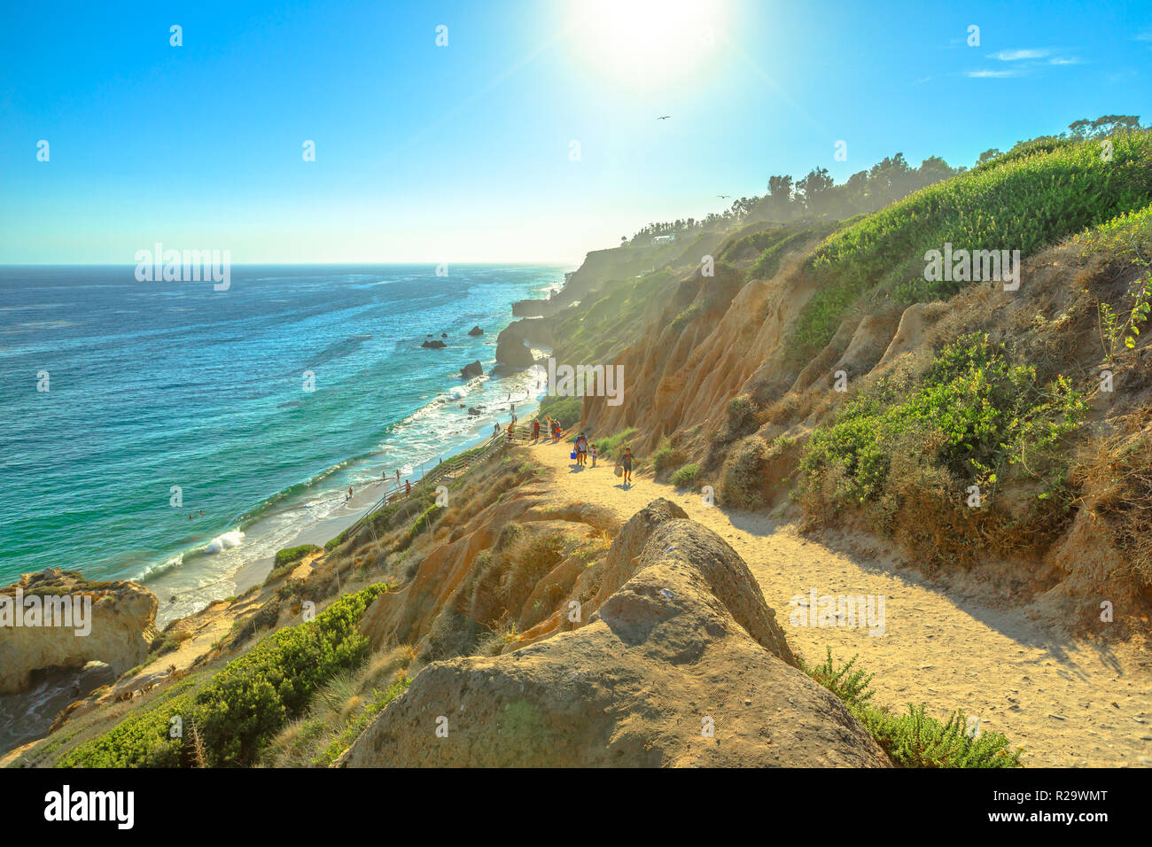 Panoramic view from coastal walk leading down to El Matador State Beach at sunlight. Pacific coast in California, United States. Pillars, boulders and rock formations of most photographed Malibu beach Stock Photo