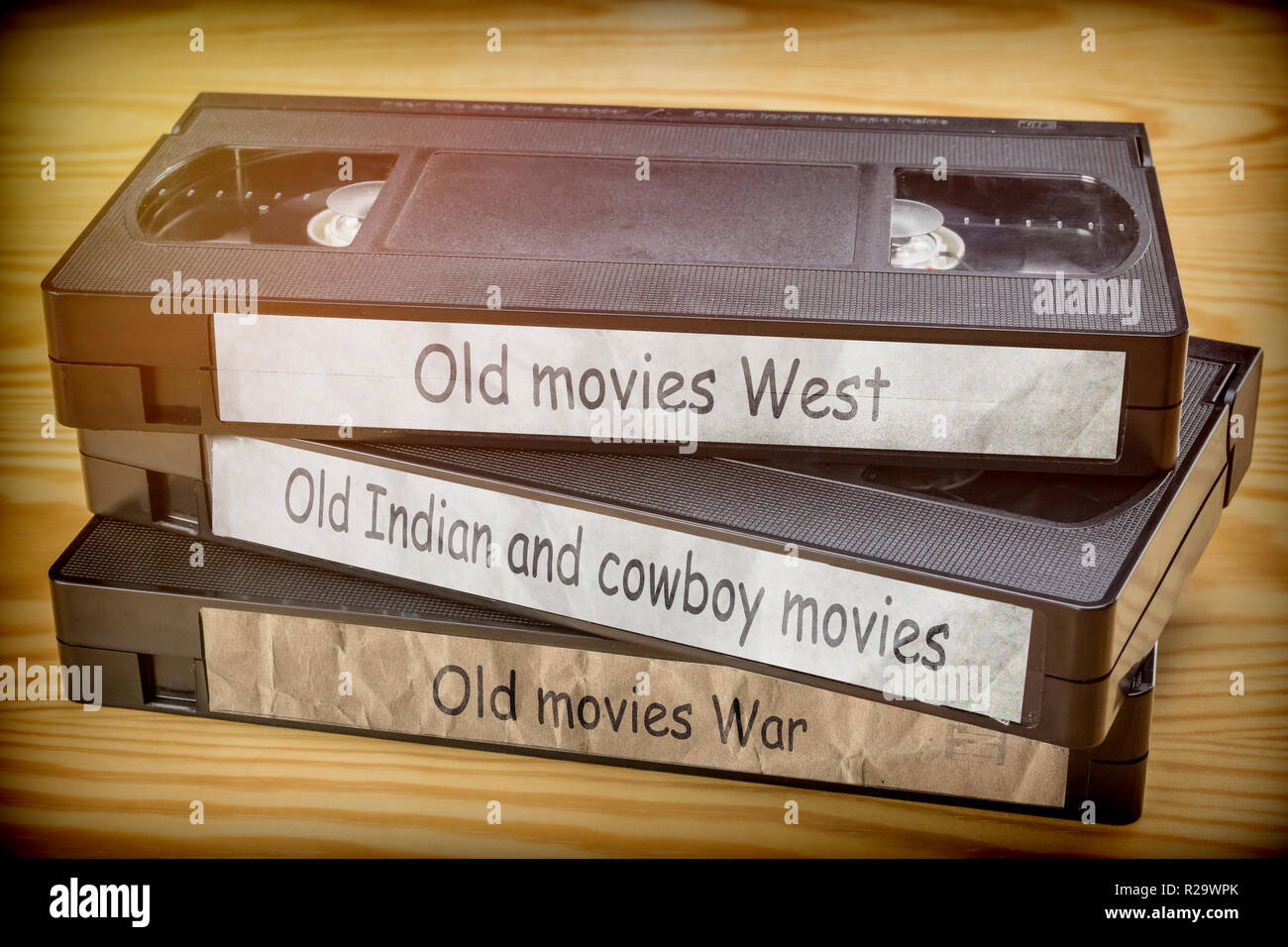 Some old movies west, indian and war video in VHS system, conceptual image Stock Photo