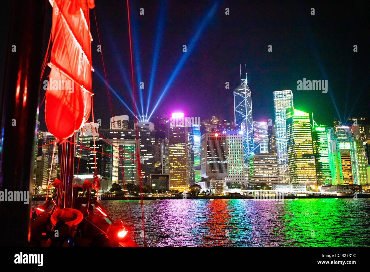 Hong Kong harbor view from traditional junk boat at night during famous  laser show. Travel in China, Asia. Sailing on historical ship in Hong Kong  Vic Stock Photo - Alamy