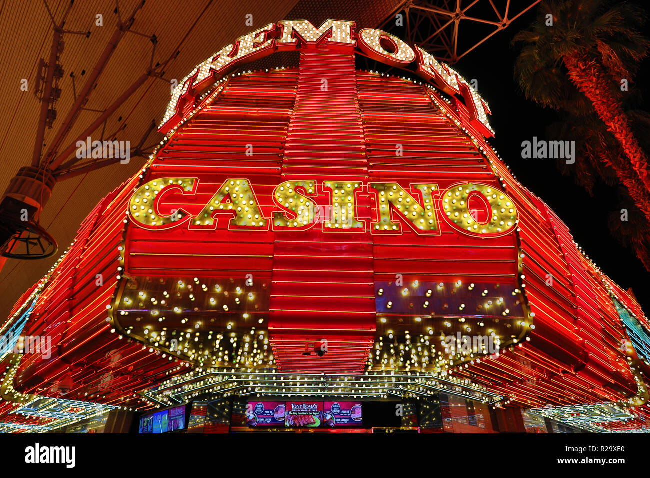 Neon lights of casinos in Fremont Street at night, Las Vegas, Nevada, America Stock Photo