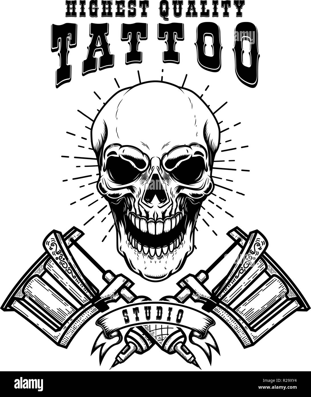 Tattoo studio emblem template. Crossed tattoo machine, skull, roses. Design  element for logo, label, sign, poster, t shirt. Vector illustration Stock  Vector Image & Art - Alamy
