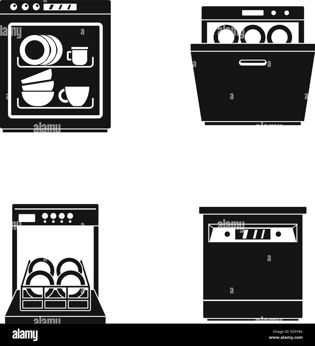 Dishwasher machine kitchen icons set. Simple illustration of 4