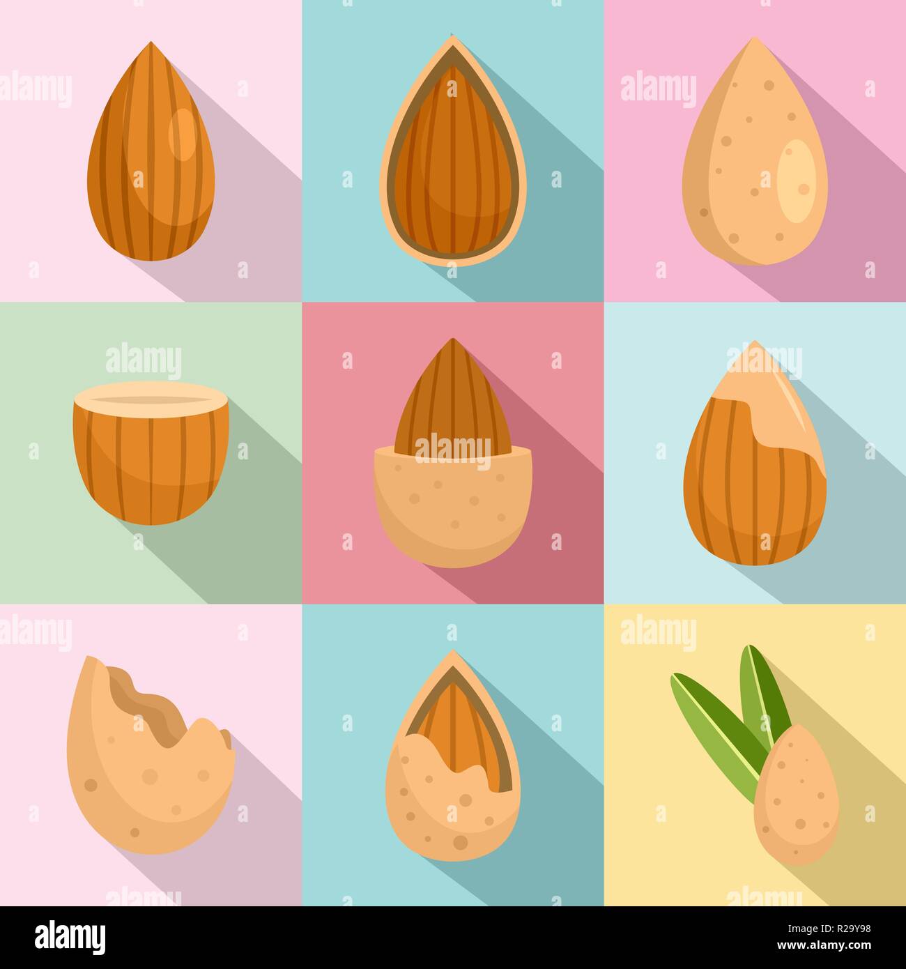 Almond walnut oil seed icons set. Flat illustration of 9 almond walnut