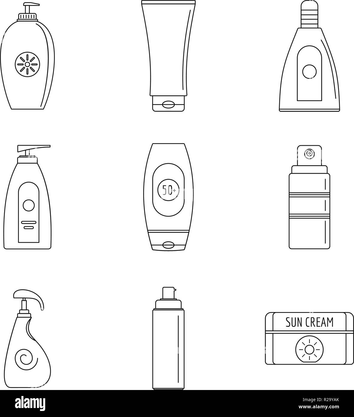 Sunscreen sun protection logo icons set. Outline illustration of 9