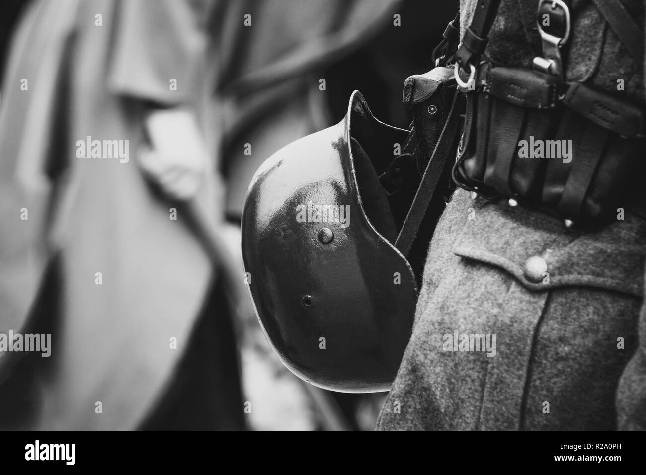 Battle soldier's helmet army Wehrmacht Germany the second world war. Black and white photography Stock Photo