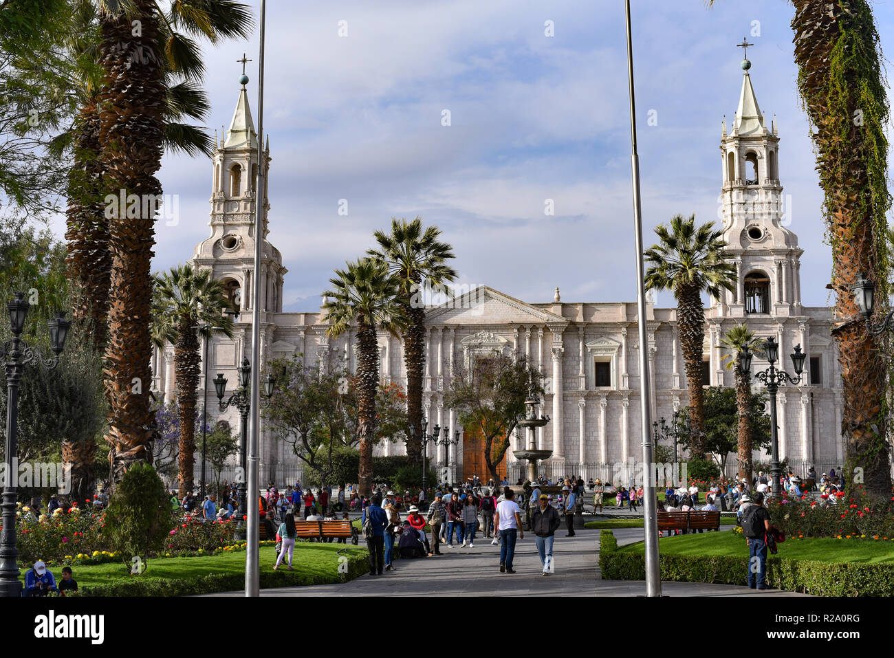 The Basilica Cathedral of Arequipa in Plaza de Armas, Peru, South America. Stock Photo