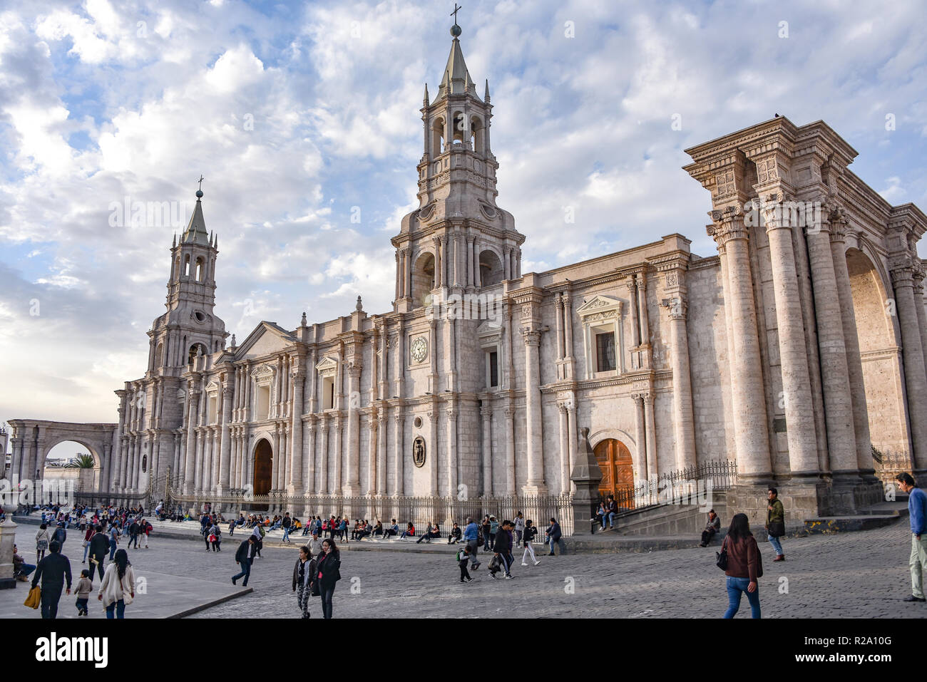The Basilica Cathedral of Arequipa in Plaza de Armas, Peru, South America. Stock Photo