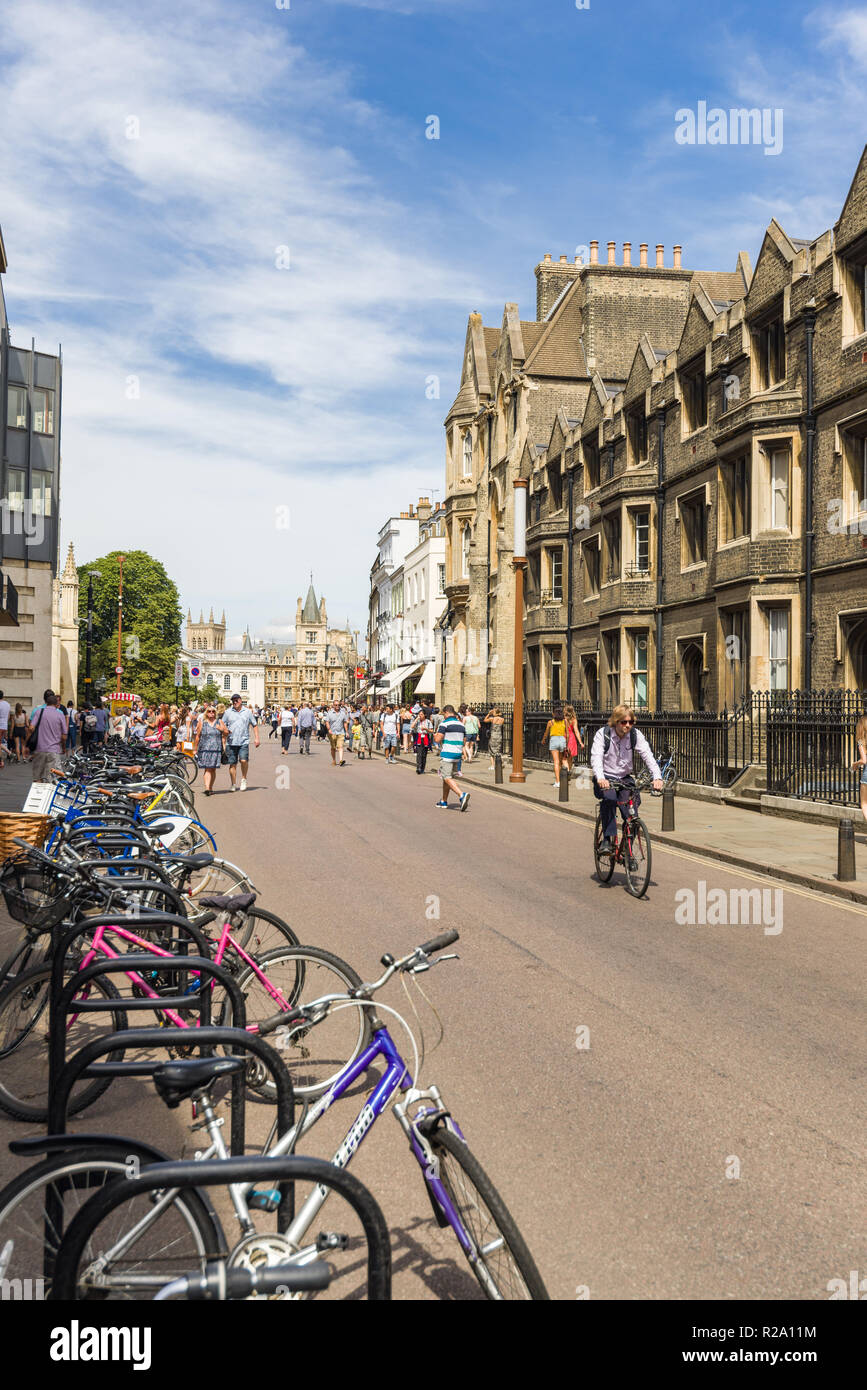 Trumpington street with pedestrians and view towards Kings Parade and Gonville and Caius College, Cambridge, UK Stock Photo