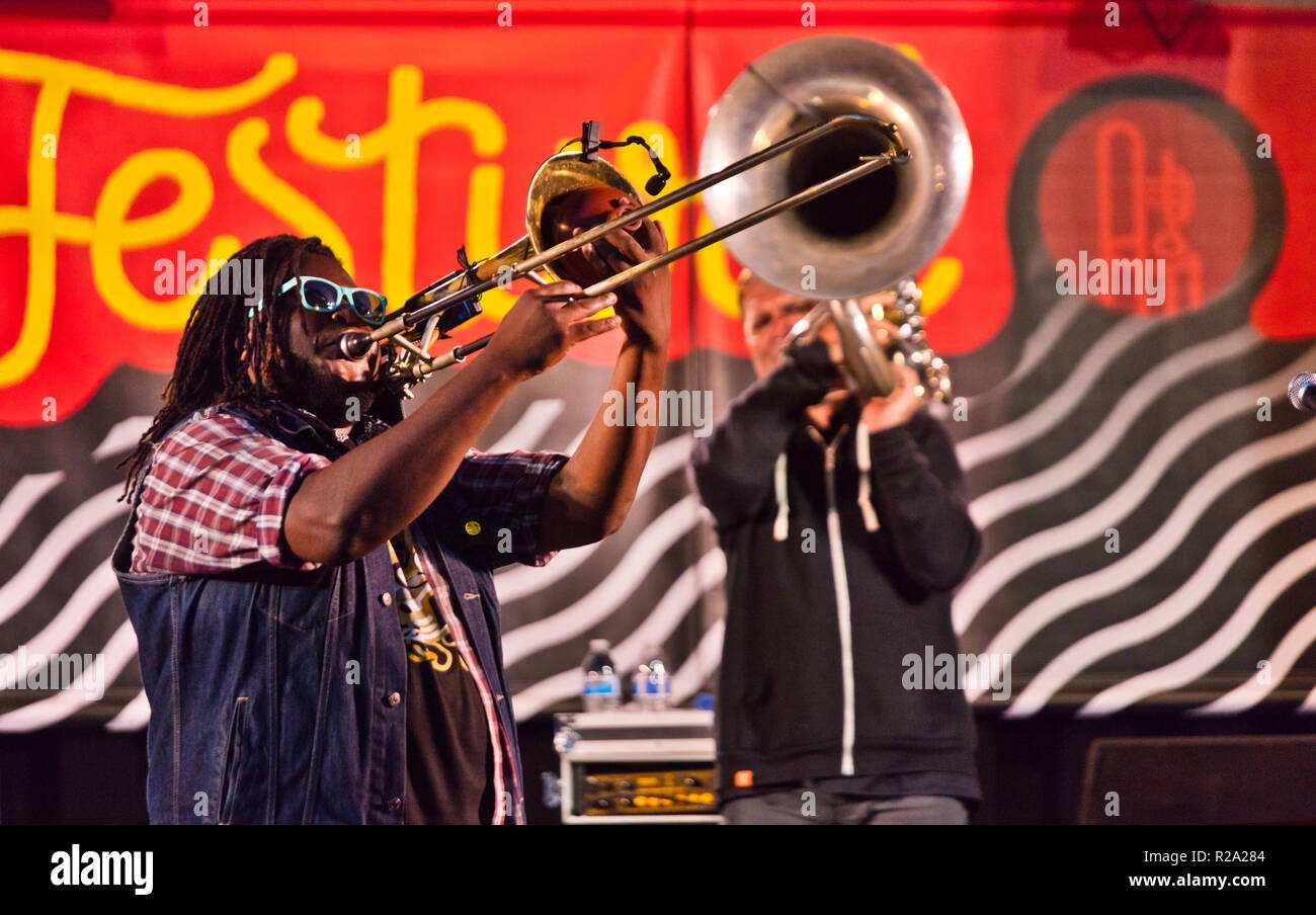 The NO BS BRASS BAND performs on the Garden Stage at the 61st
