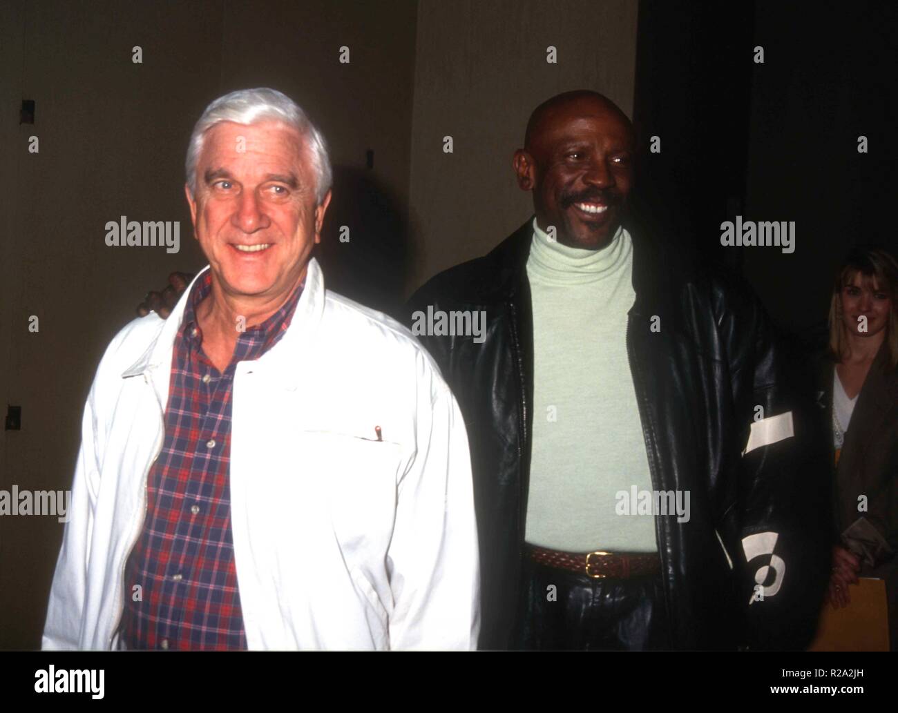 BEVERLY HILLS, CA - JANUARY 23: Actor Leslie Nielsen  and actor Lou Gossett Jr. attend the 50th Annual Golden Globe Awards on January 23, 1993 at the Beverly Hilton Hotel in Beverly Hills, California. Photo by Barry King/Alamy Stock Photo Stock Photo