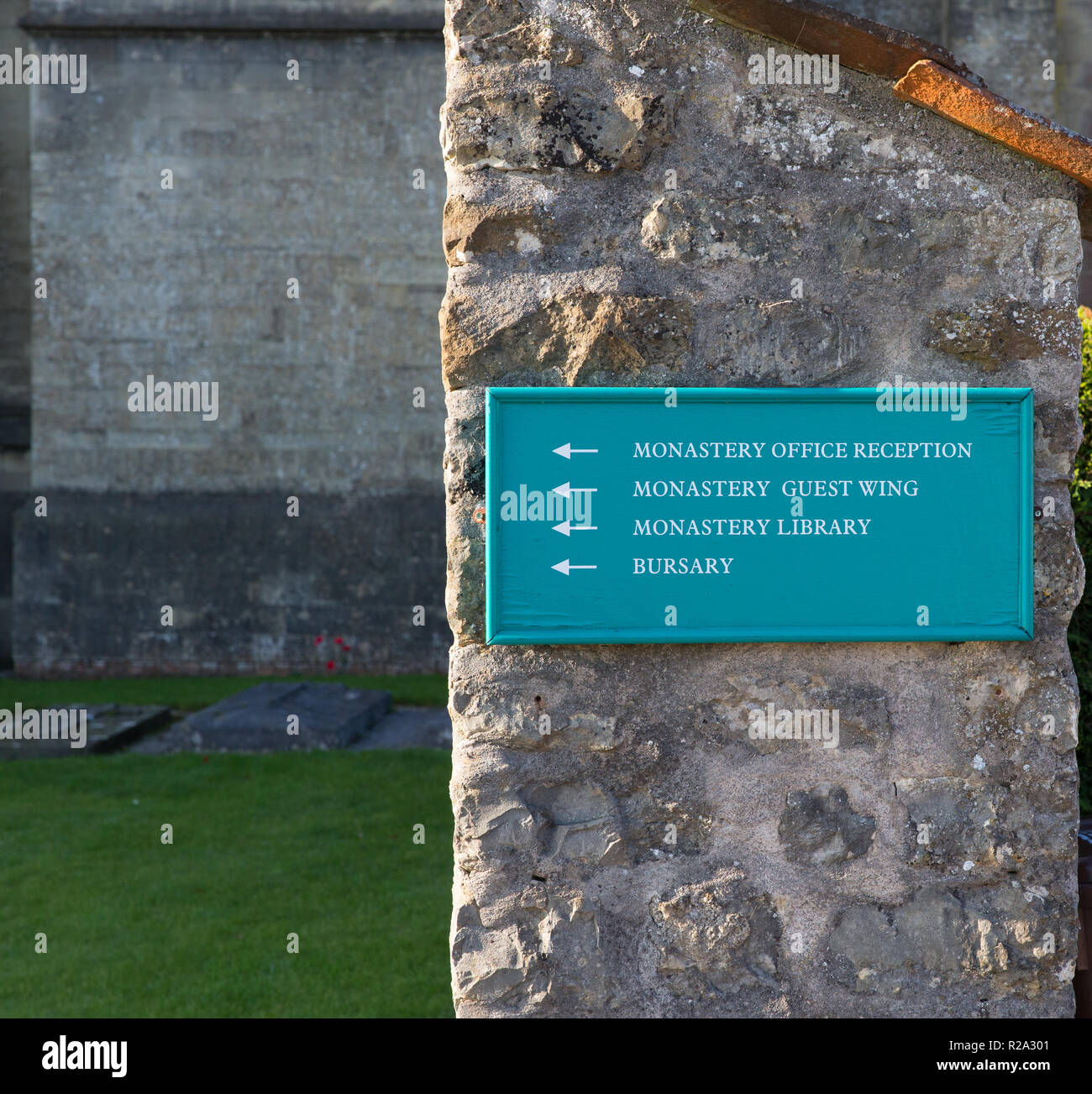 Downside Abbey; sign showing directions to Library, Bursary, guest wing