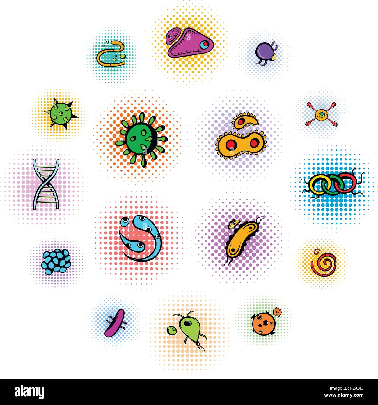 Virus icons set in comics style isolated on white background Stock Vector