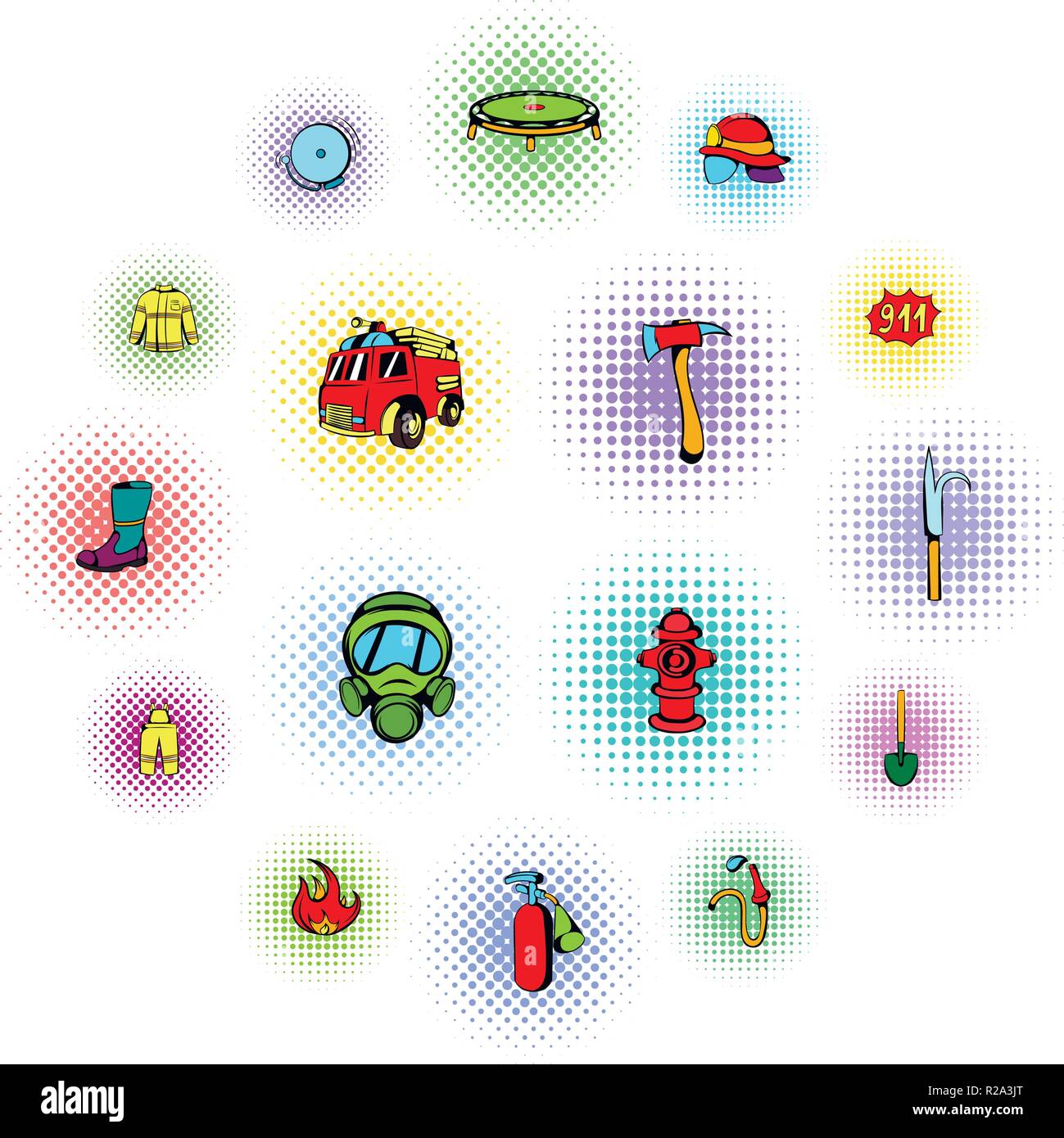 Firefighter icons set in pop art style for any design Stock Vector ...