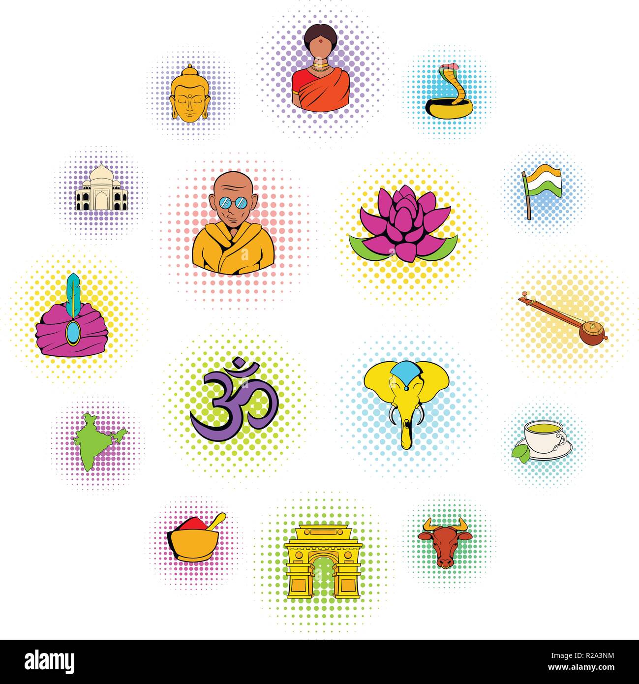India icons set in comics style isolated on white Stock Vector