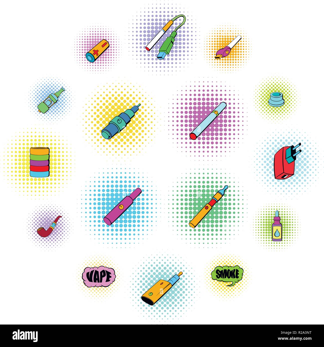 E-cigarettes icons set in comics style isolated on white Stock Vector