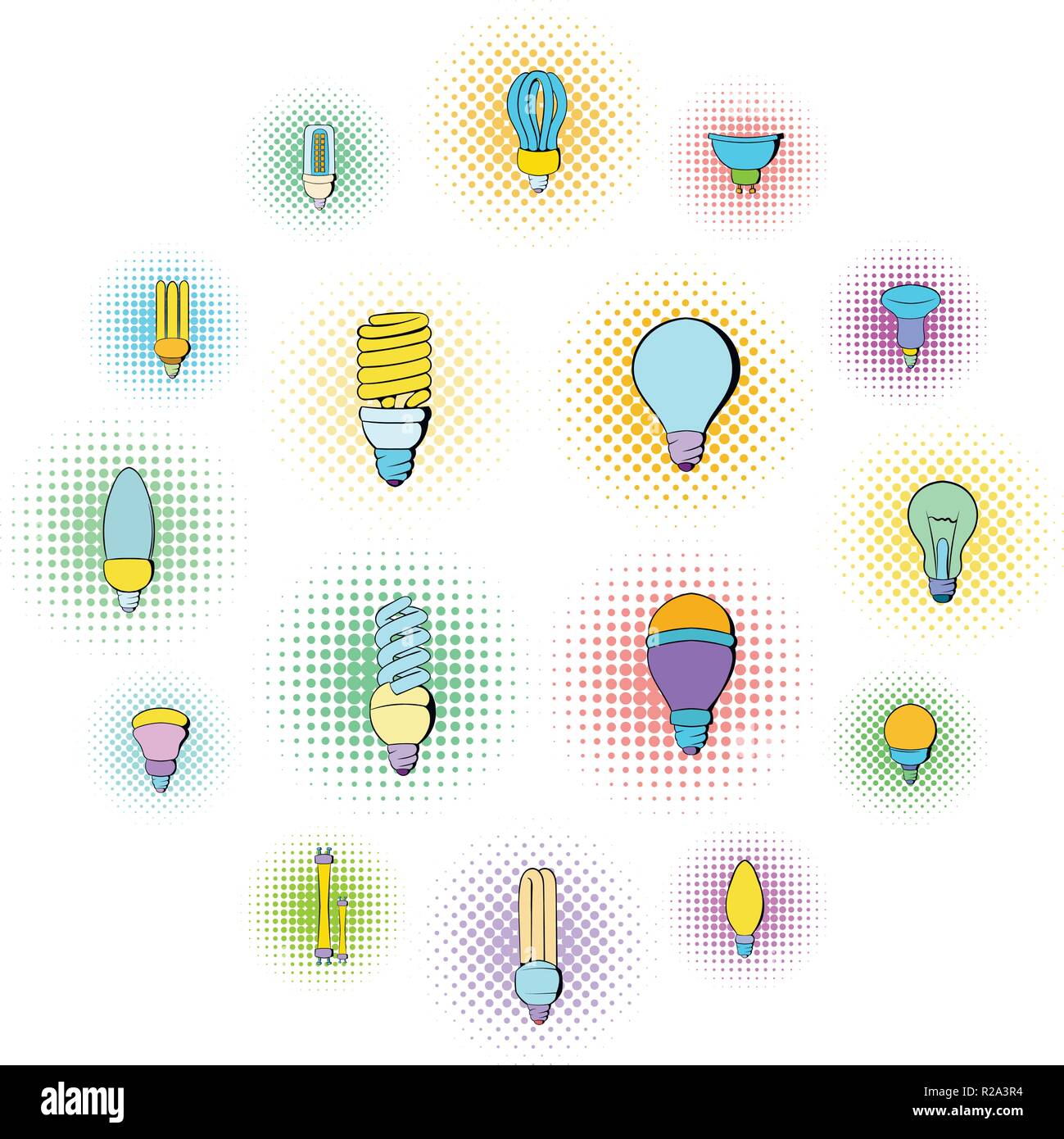Light bulb icons set in popart style isolated on white Stock Vector