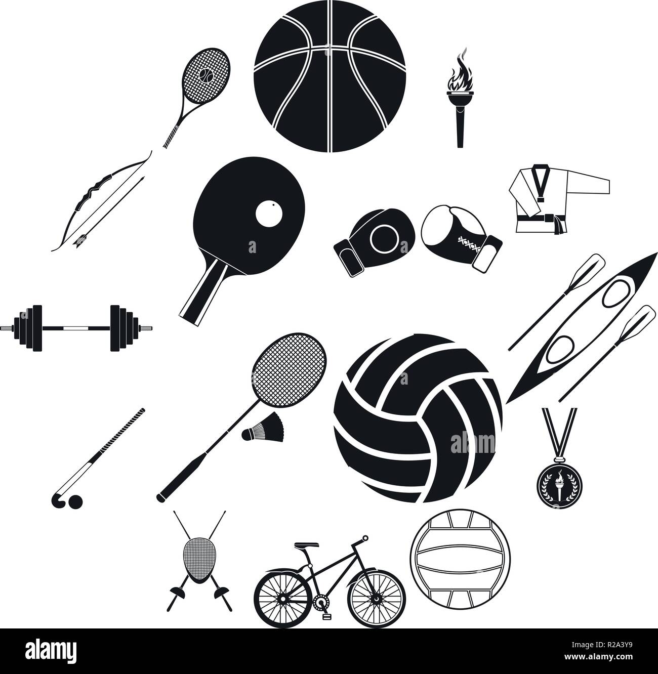 Summer sport black simple icons set isolated on white background Stock