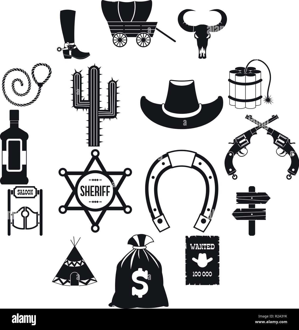 Wild west cowboy black simple icons isolated on white background Stock