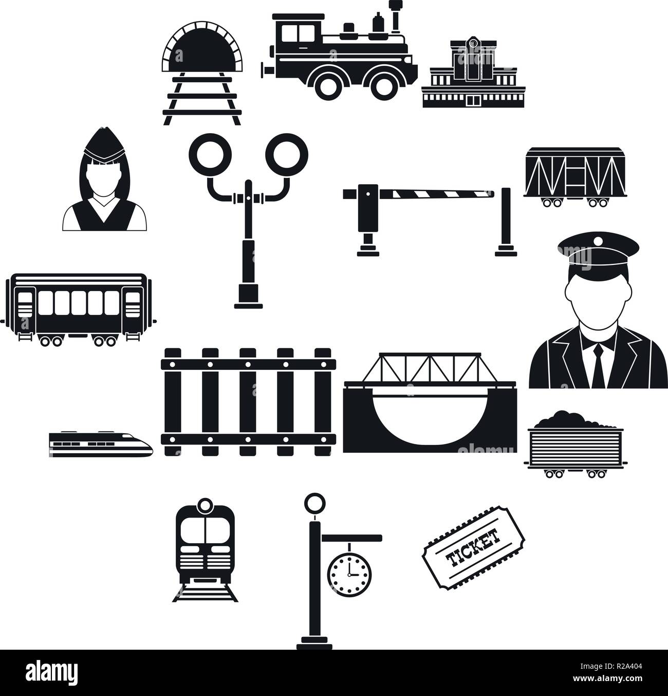 Railroad black simple icons set isolated on white background Stock ...