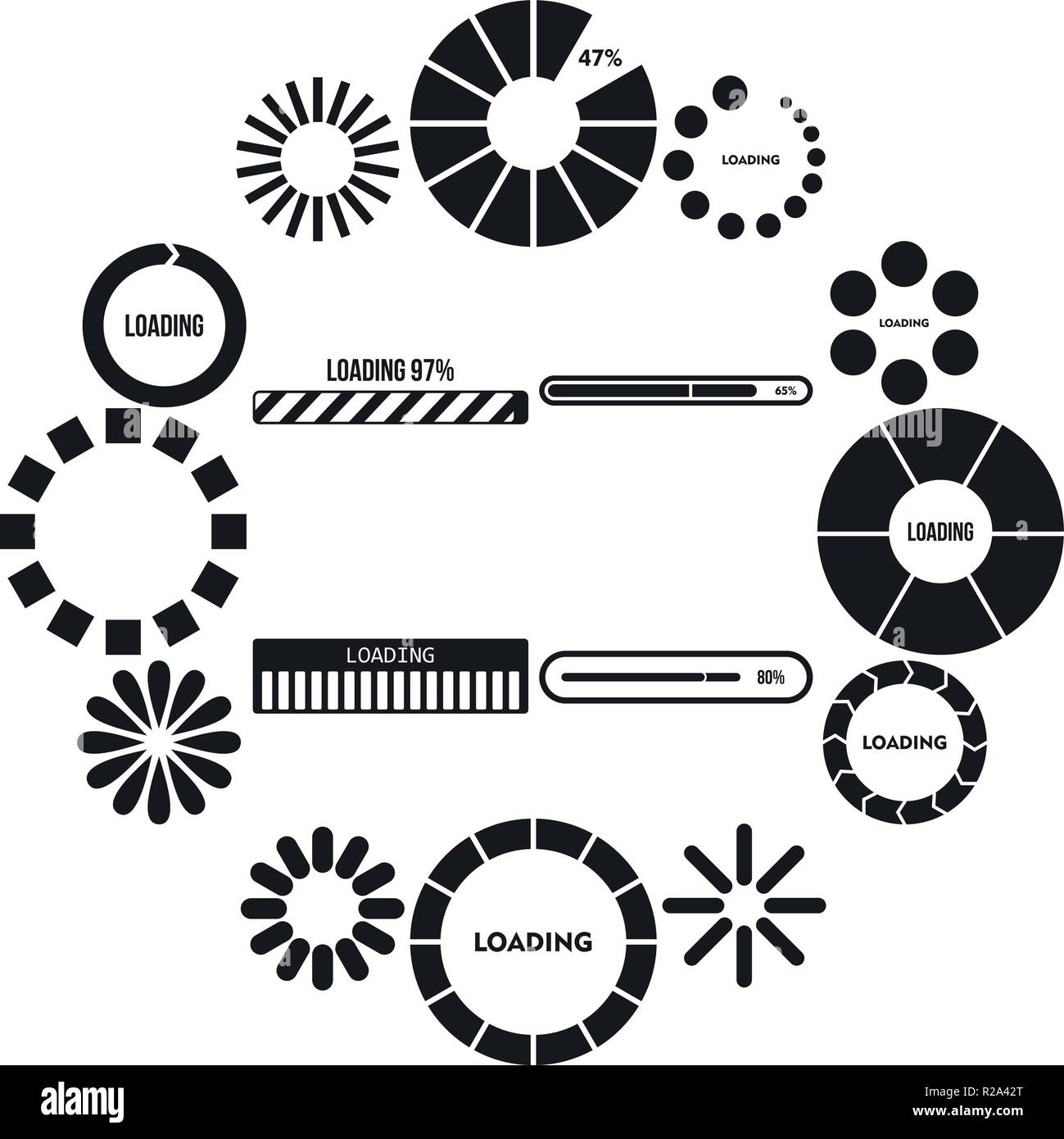 Progress bar and loading icons set in simple style on a white ...