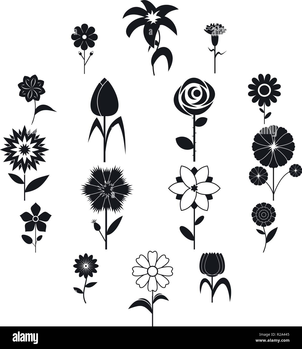 Flower icons set in black simple style for any design Stock Vector