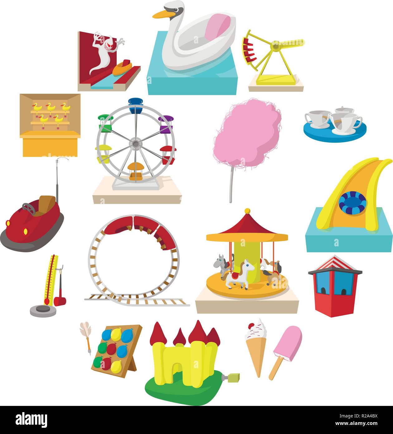 Amusement park cartoon icons set isolated on white background Stock ...