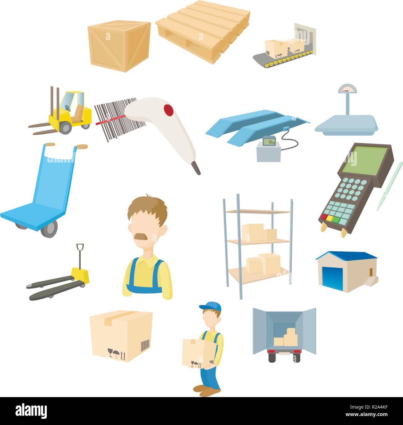 Warehouse logistic storage  icons set in cartoon style on a 