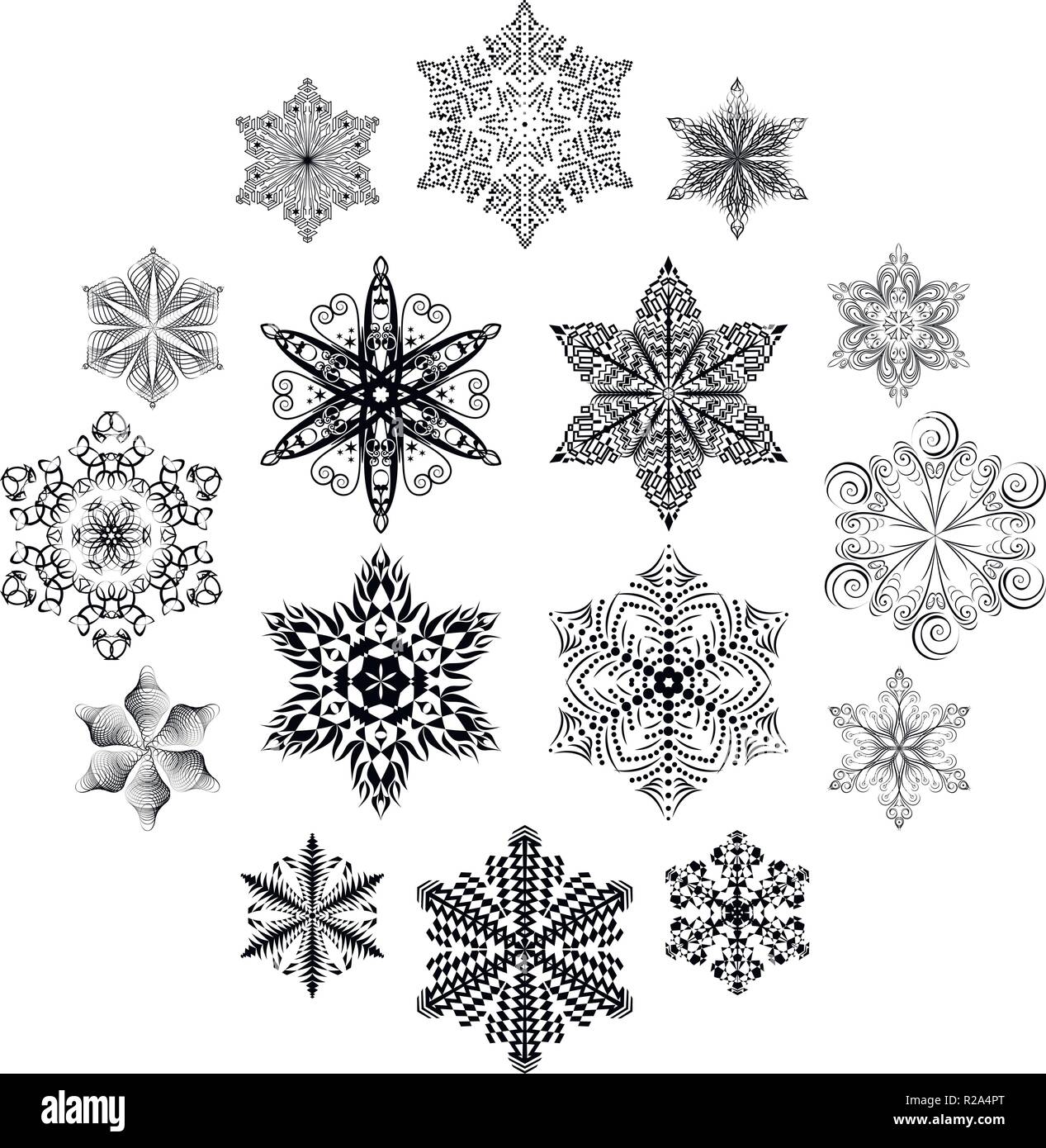 Snowflake set, black ornaments isolated on white background Stock ...