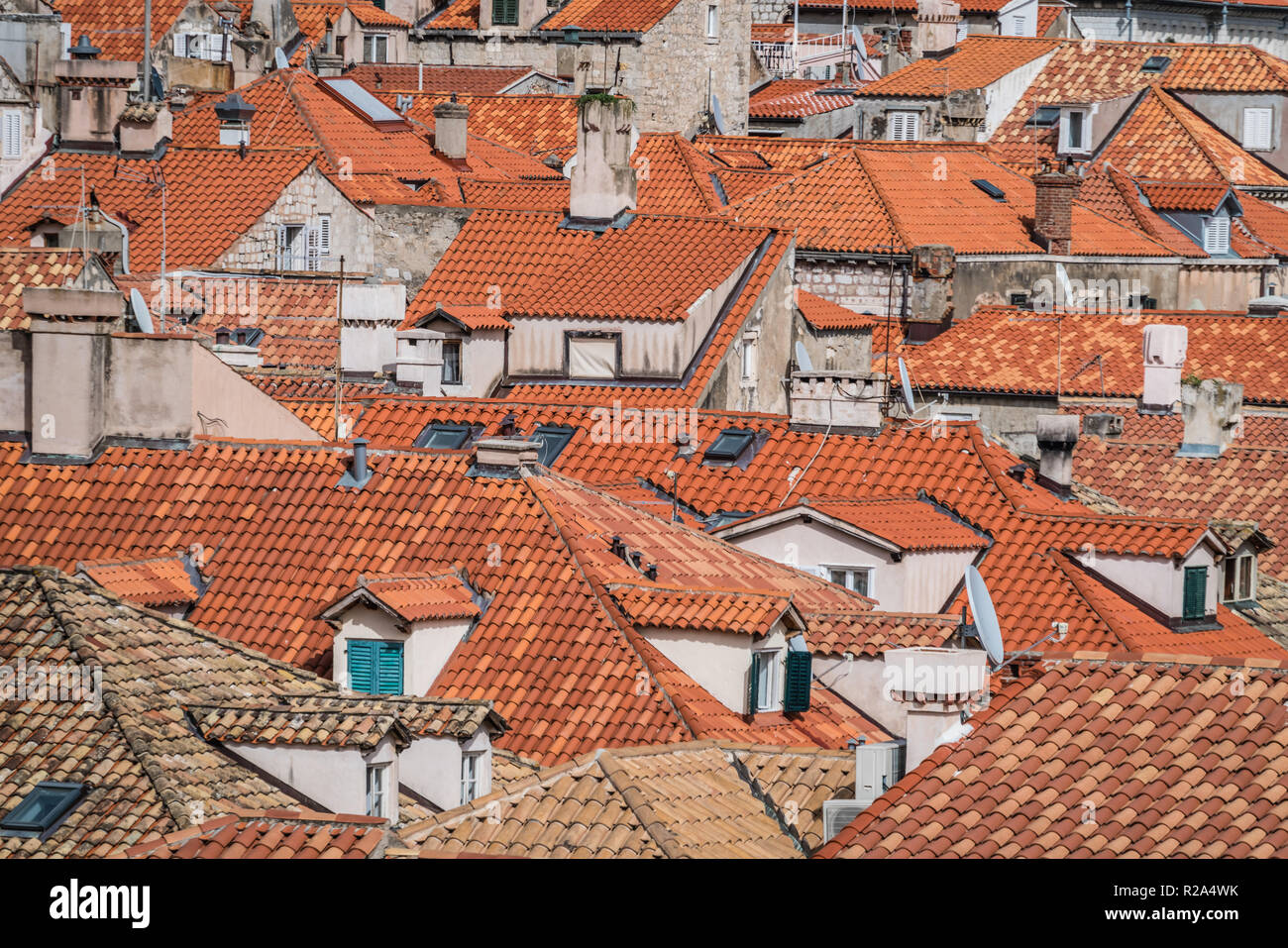 Close up of the Rooftops of old houses in Dubrovnik, viewed from the ...