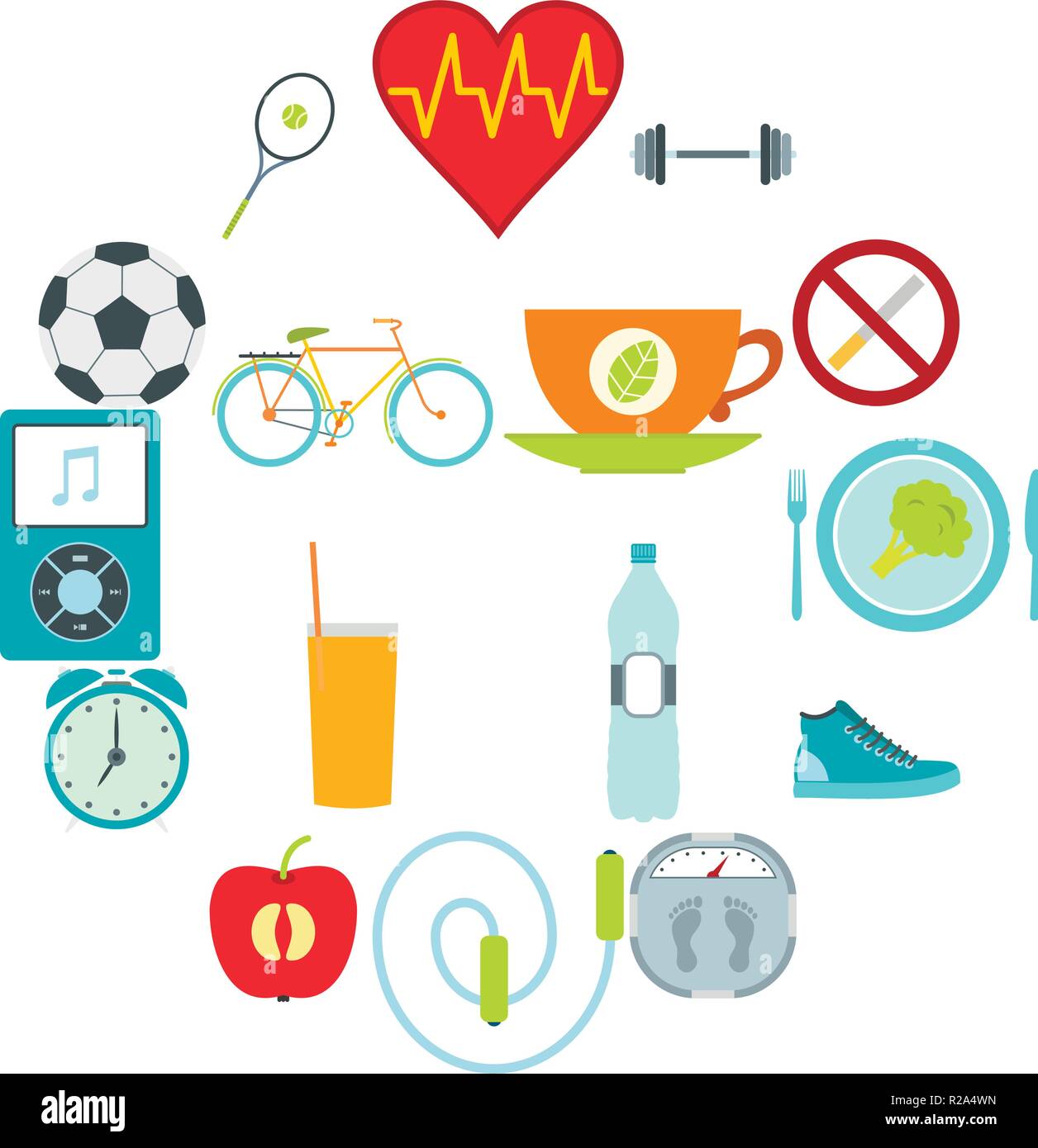 Healthy style life flat icons set. Healthy food, sport, shedule symbols ...