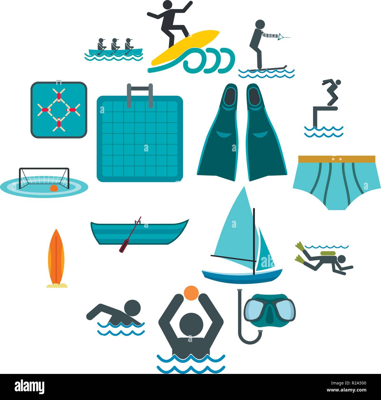 Water sport flat icons set isolated on white background Stock Vector