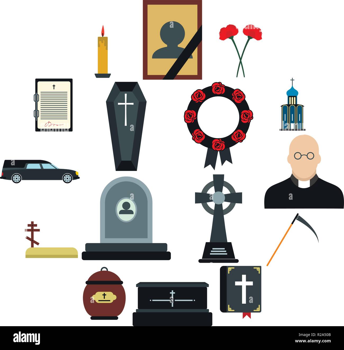 Funeral and burial flat icons set isolated on white background Stock ...