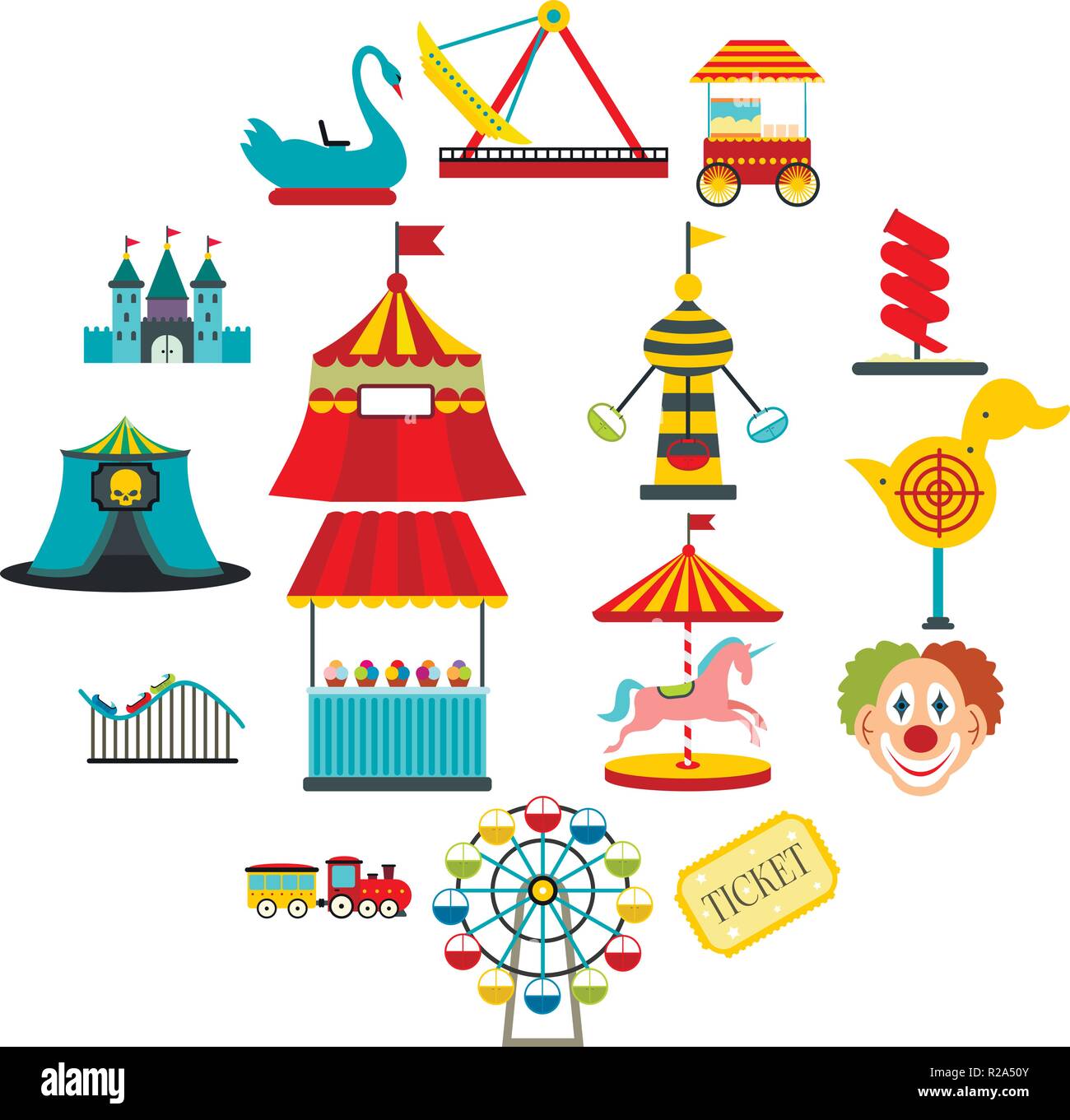 Amusement park flat icons set isolated on white background Stock Vector ...