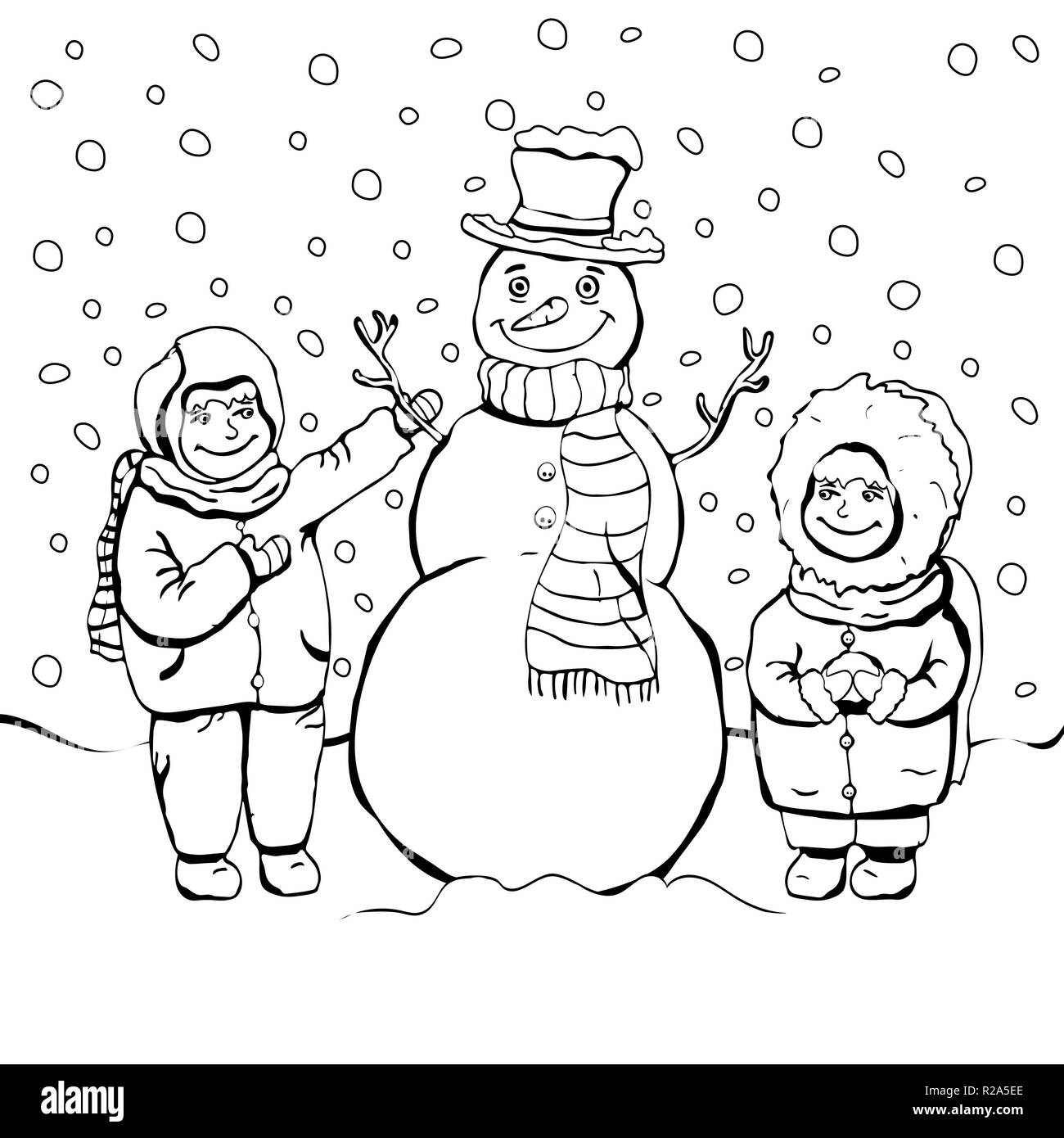 Children Make Snowman Coloring Cartoon Linear Outline Drawing Vector Black And White Illustration Holiday Background Painted Cute Boy And Girl An Stock Vector Image Art Alamy