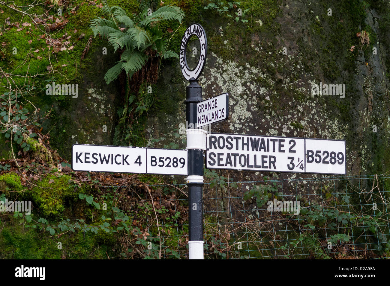 Road Signs at Grange in Borrowdale, Lake District, UK Stock Photo