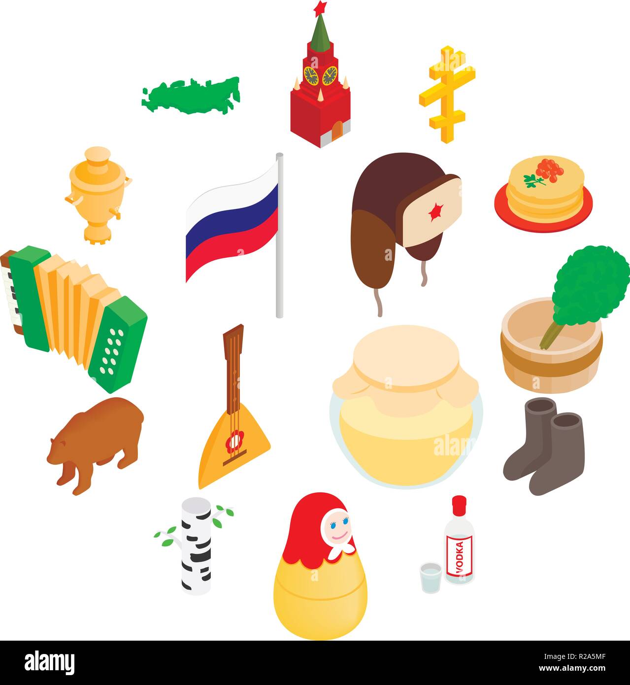 Russia isometric 3d icons set isolated on white background Stock Vector