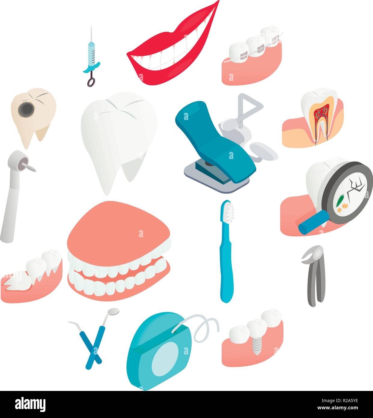 Dental set icons in isometric 3d style on a white background Stock ...