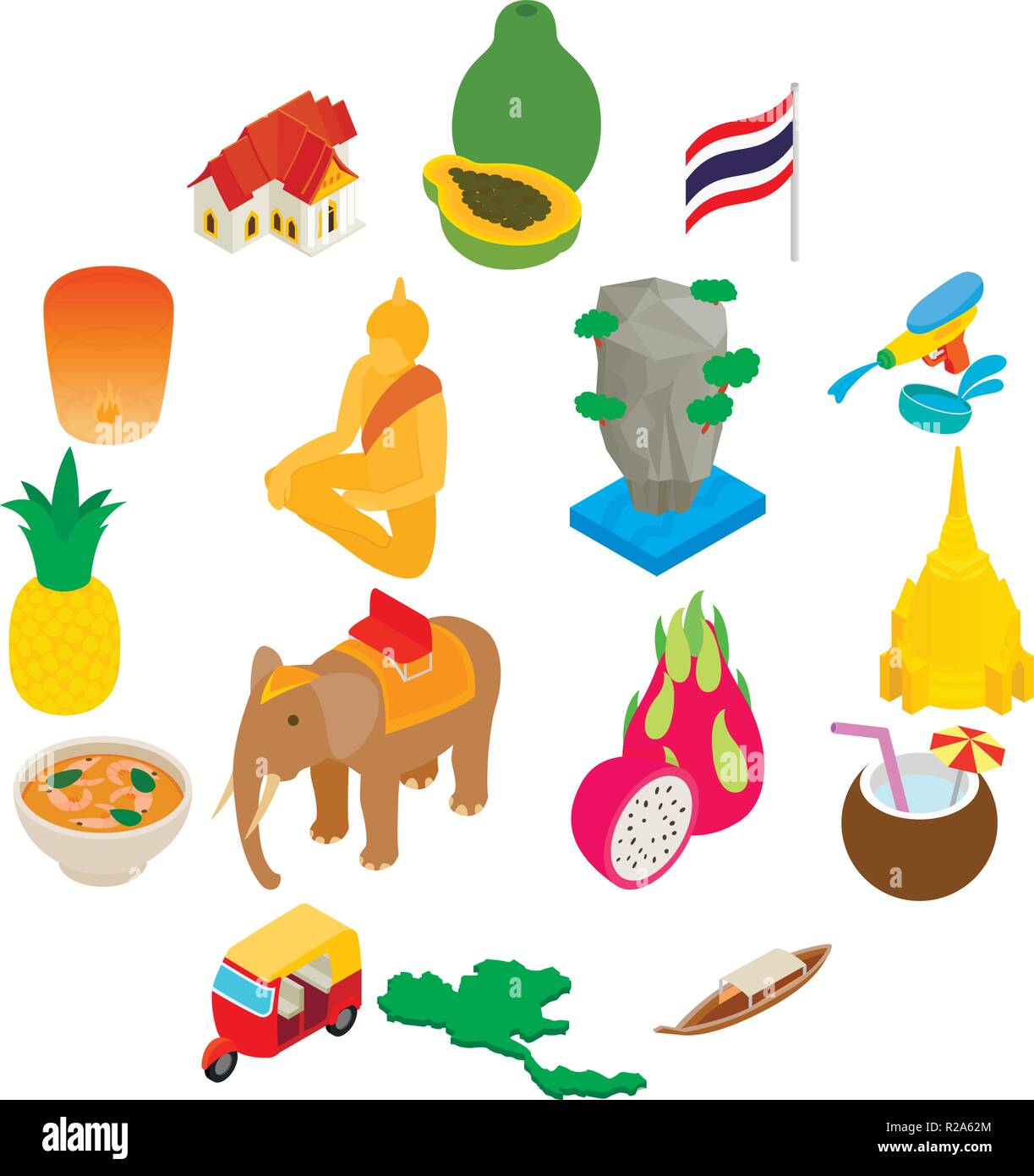 Thailand icons set in isometric 3d style on a white background Stock Vector