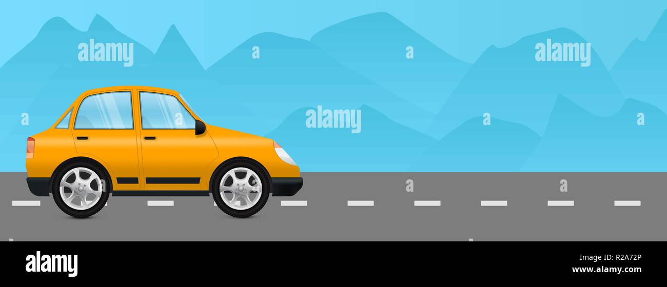 Orange car on a road. With mountain view Stock Vector