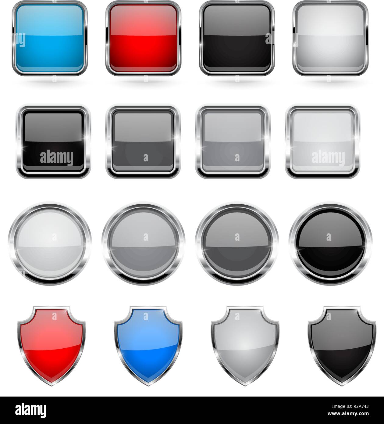 Glass buttons with metal frame. Set Stock Vector