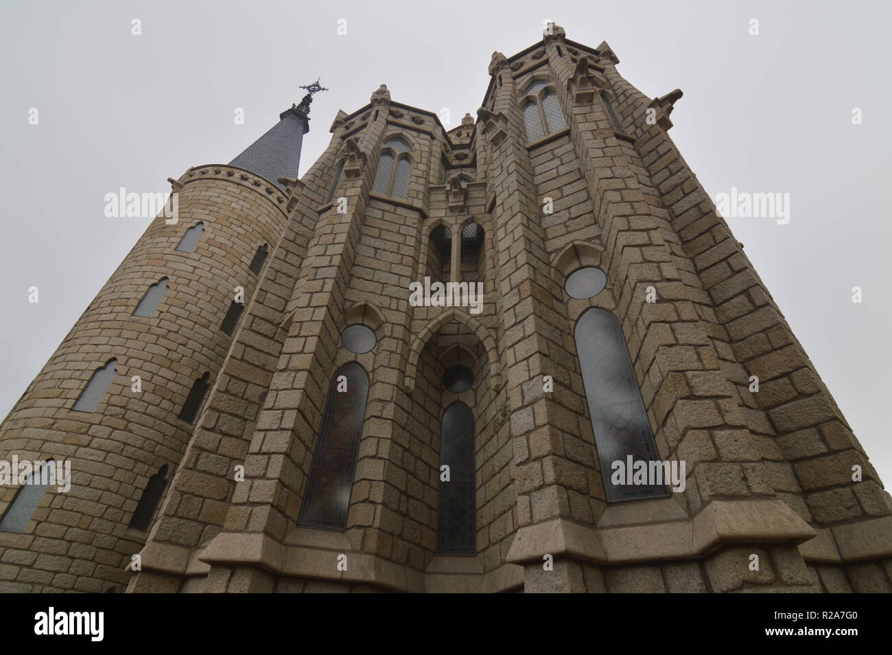 External Towers With Precious Stained Glass Of The Episcopal Palace In Astorga. Architecture, History, Camino De Santiago, Travel, Street Photography. Stock Photo