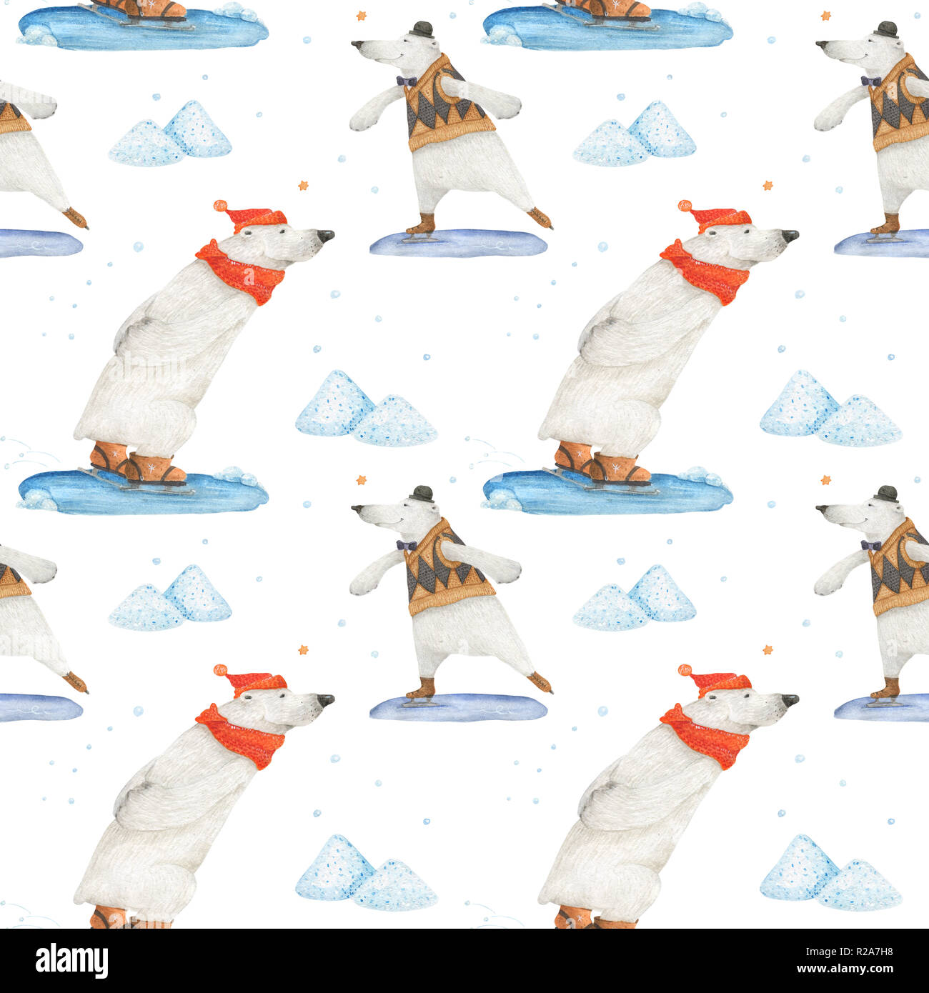 Polar bear winter fun. Arctic bears skate. Watercolor seamless patterns