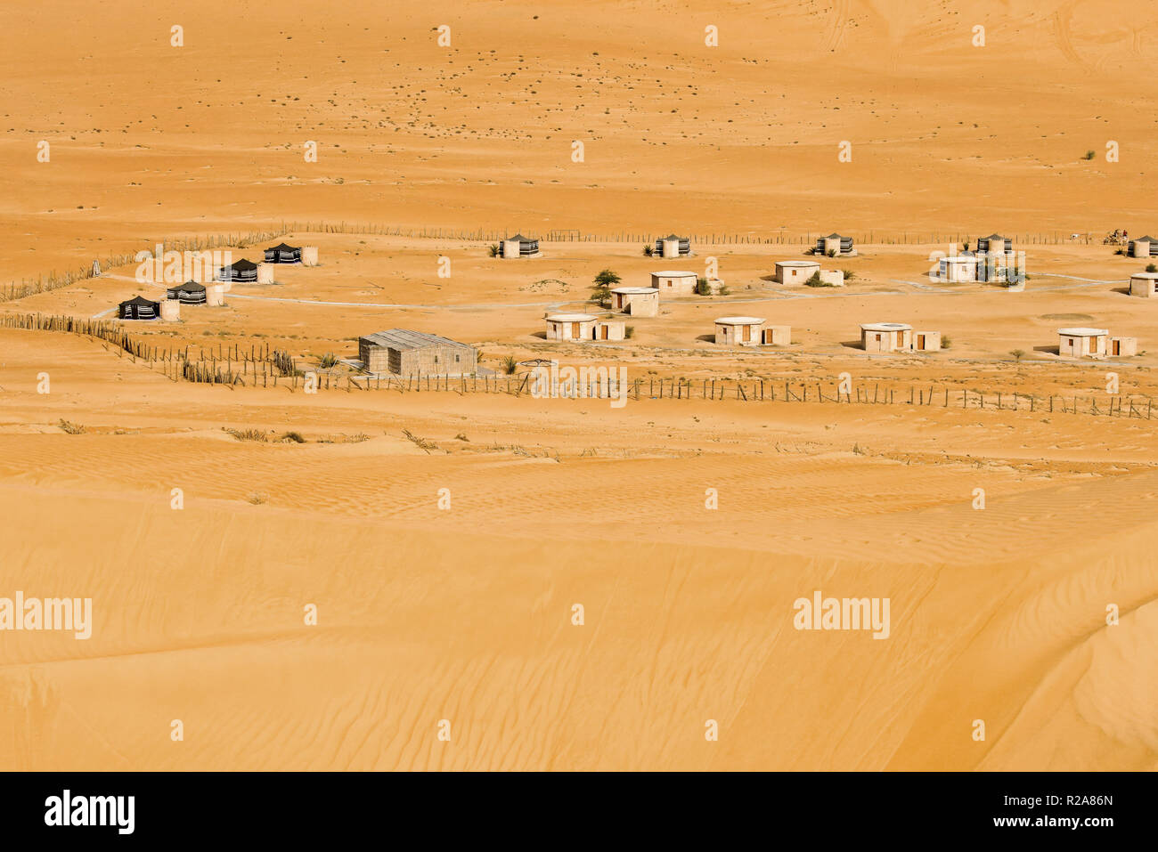 Elevated view of Safari Desert Camp in Wahiba Desert, Oman. Stock Photo
