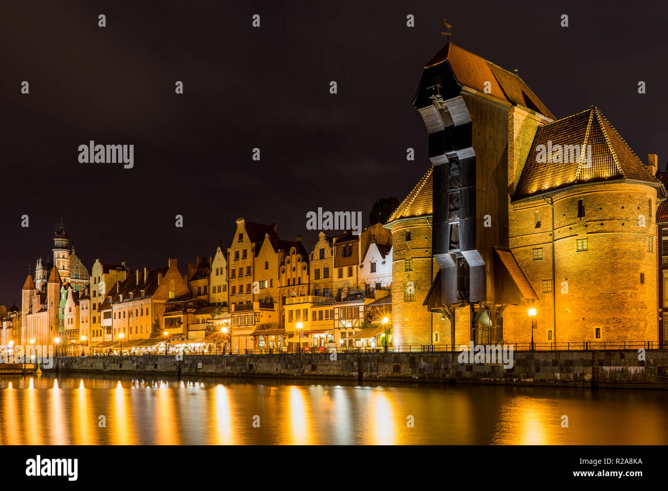 Night photograph of the canal waterfront of the city of Gdansk, Poland. Stock Photo