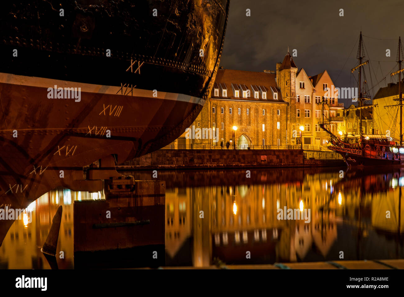 Photo in the city of Gdansk, Poland with the old merchant ship 'Soldek'. Stock Photo