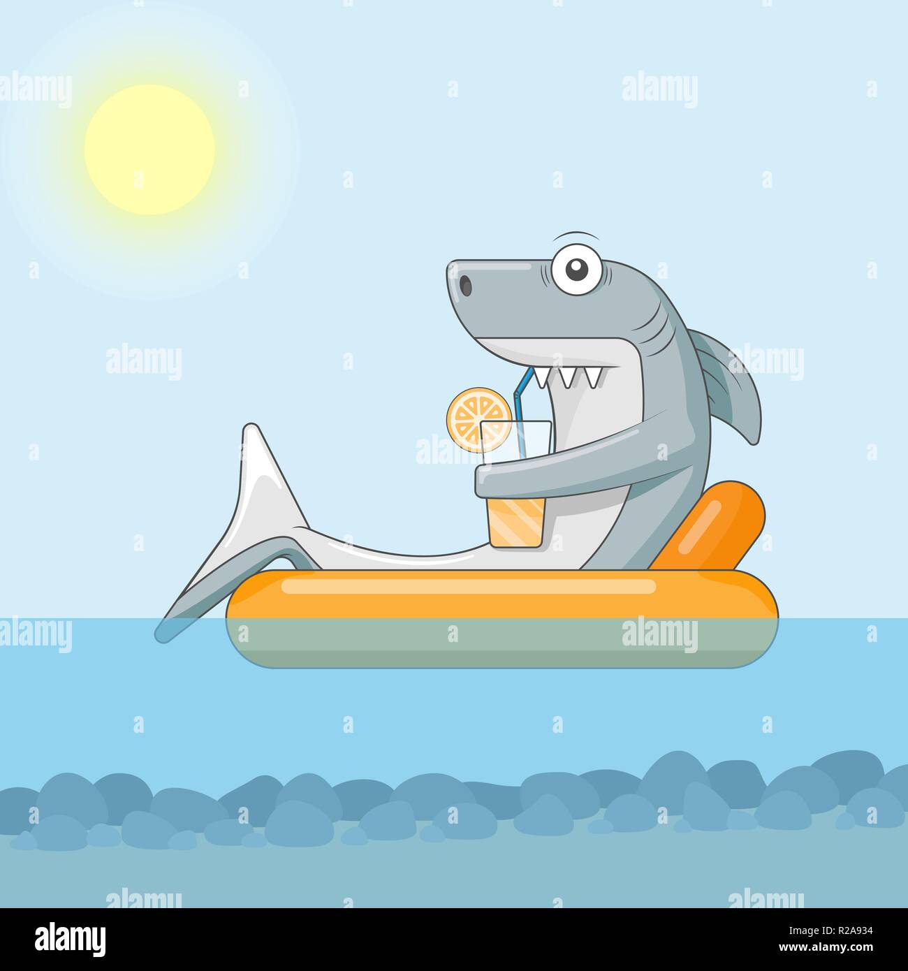 Shark drinks cocktail with a straw and floats on an air mattress in the sea. Weekends under the sun Stock Vector