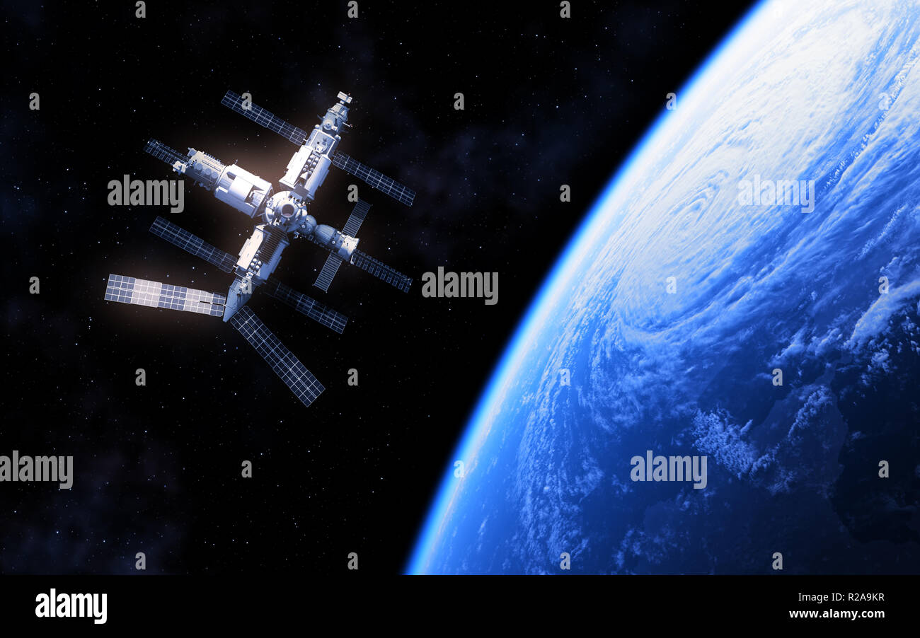 Russian Space Station And Blue Planet Earth. 3D Illustration. Stock Photo