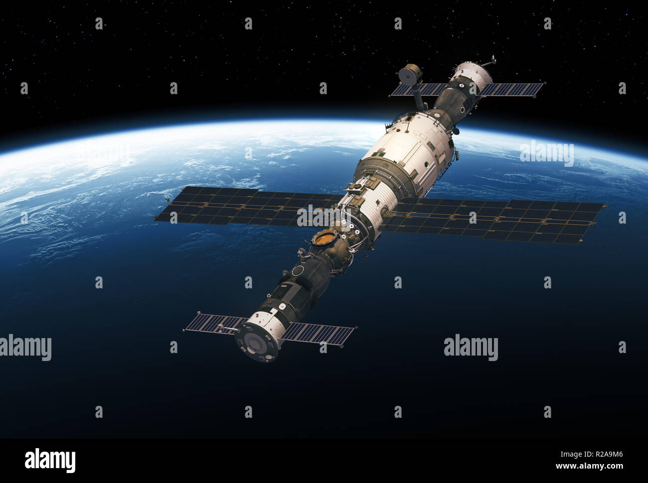 Russian Space Station And Spacecrafts Orbiting Earth. 3D Illustration. Stock Photo