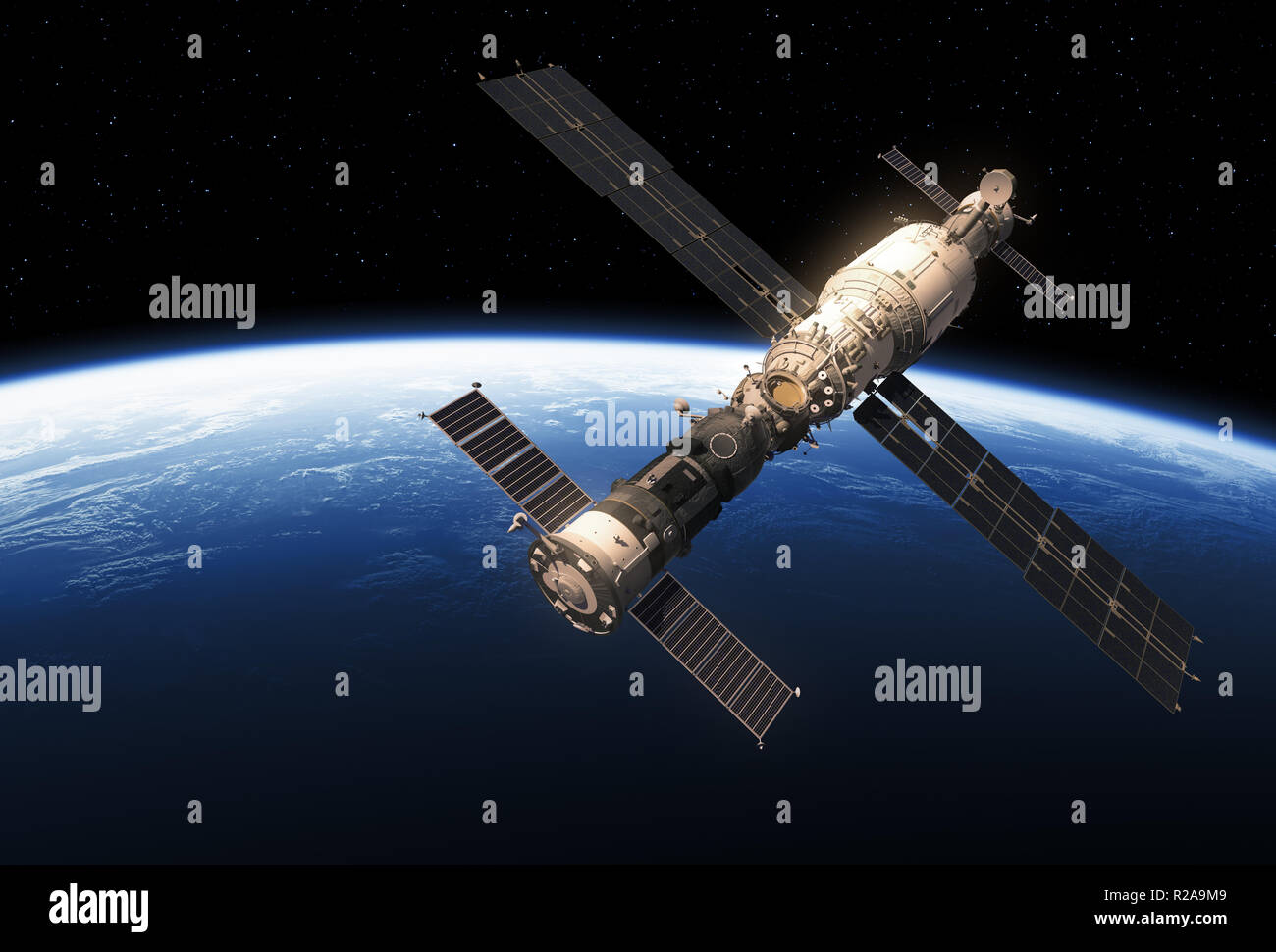 Spacecrafts And Space Station Orbiting Earth. 3D Illustration. Stock Photo