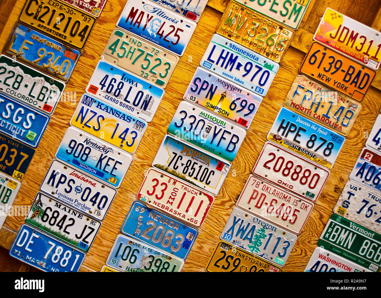 wall collection of car license plates. Automobile registration numbers plates, template letters from variety of USA states. Stock Photo